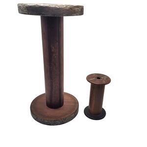 Vintage Wooden Spools Set of 2 Large Small Rustic Sewing Textile Mill Decor